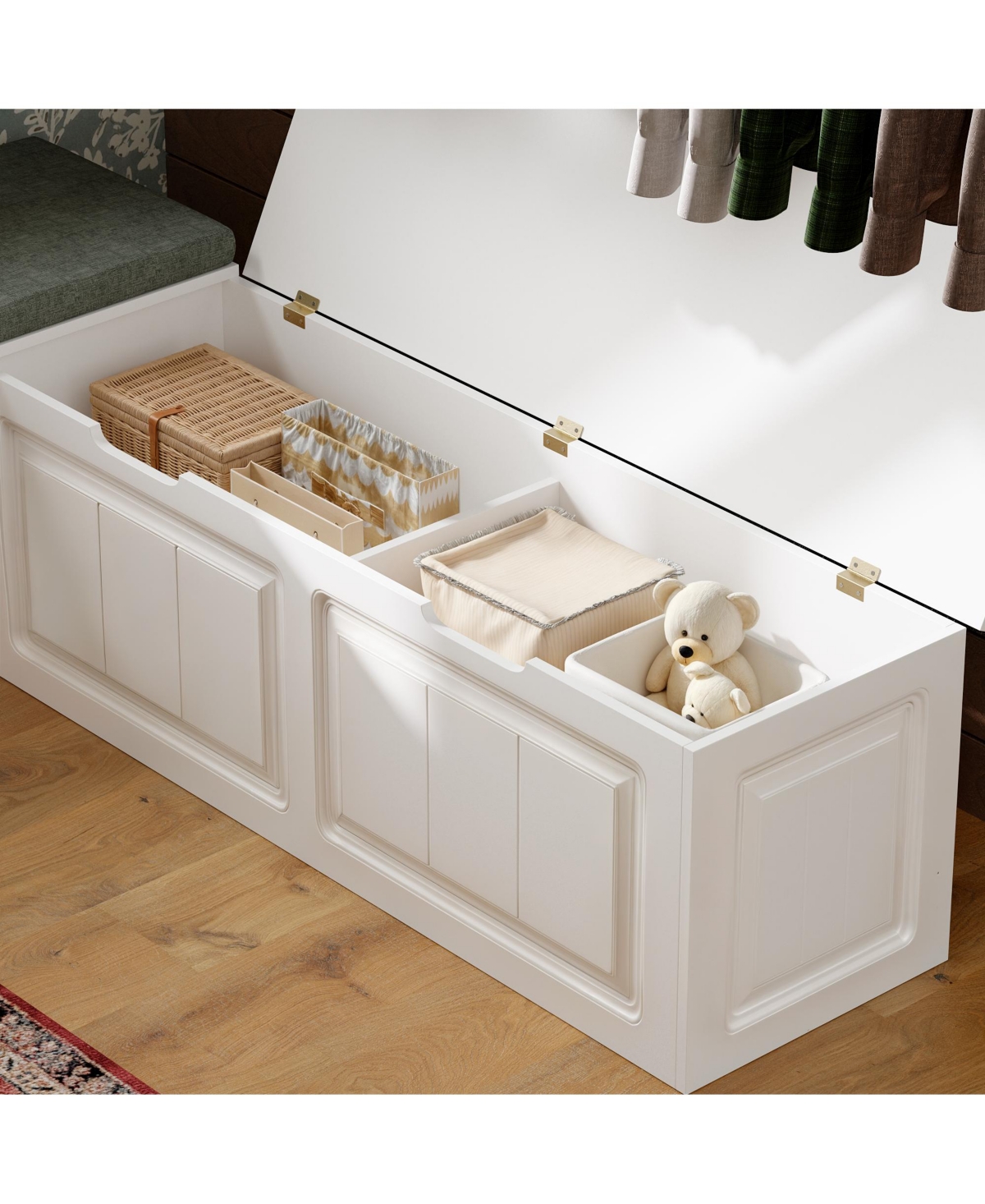 Homfan 63-Inch Corner Storage Bench - White Pvc Vacuum Forming Entryway Seat with Upholstered Cushion | Modern Shoe Bench