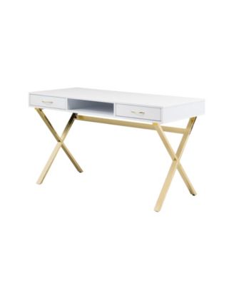 47" White and Gold Wood and Metal Computer Desk With Two Drawers