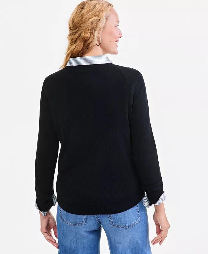 Petite Solid Curved Hem Crew Long-Sleeve Mixed-Textured Stitch Sweater - thumbnail 5