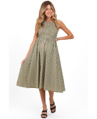 Maternity Olive Gingham Smocked Sleeveless Midi Dress