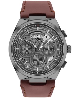 Men's Distinguish Skeleton Dark Brown Leather Strap Watch 44mm