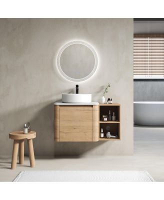 35.4 Inch Wall Mounted Bathroom Vanity with Ceramic Vessel Sink, Stone Top and Storage Shelves for Modern Bathrooms