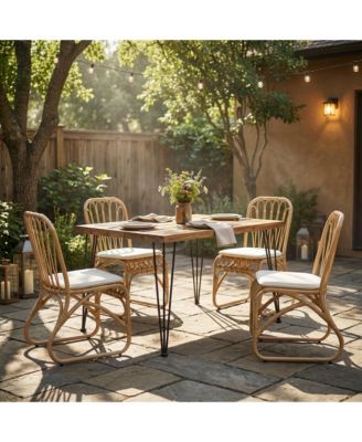 5 Piece Outdoor Dining Set Solid Acacia Wood Square Table PE Rattan Chairs with Cushion