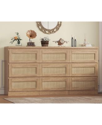 Rattan 9 Drawer Dresser with Charging Station - Farmhouse Wood Chest of Drawers for Bedroom, Living Room