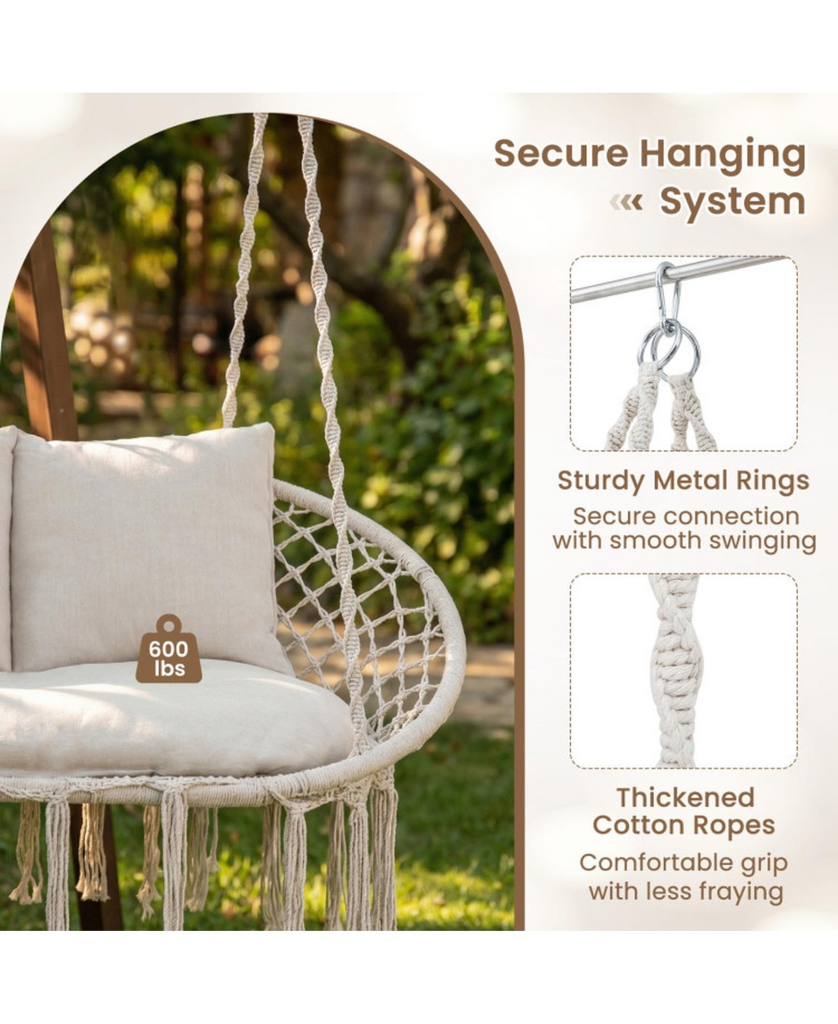 Sugift Double Swing Chair With Cushions Macrame Hanging Hammock Chair for Indoor and Outdoor Use
