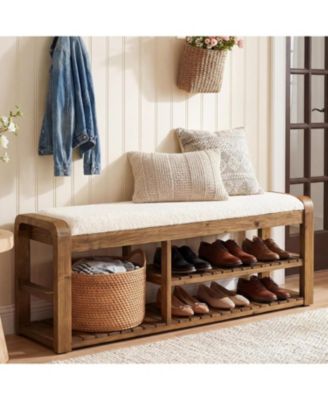 55" Shoe Storage Bench with Removable Cushion, 2-Tier Farmhouse Solid Wood Entryway Shoe Rack, End of Bed Storage Upholstered Bench