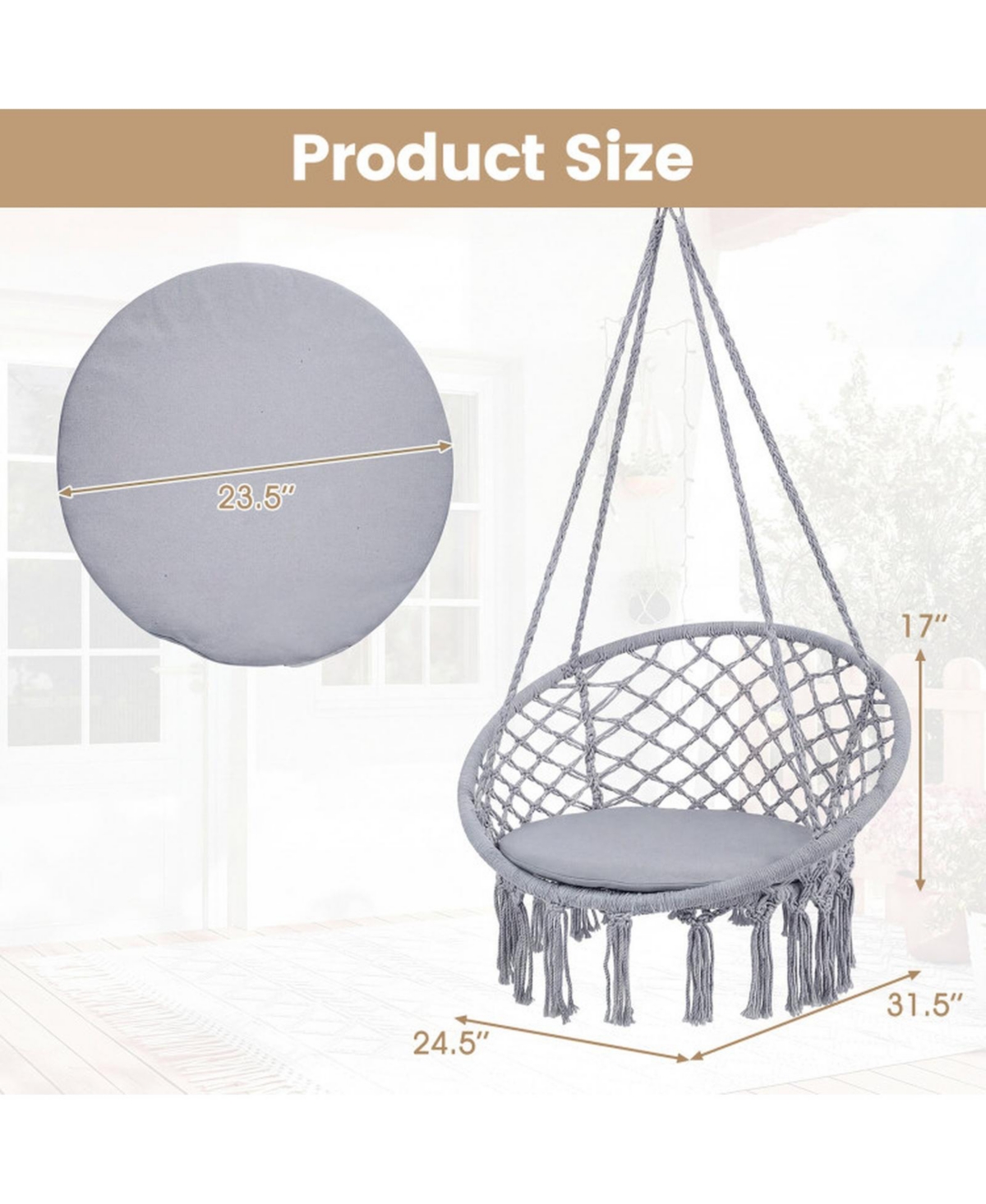 Sugift Macrame Hammock Swing Chair with Round Seat Cushion 2 Hanging Methods
