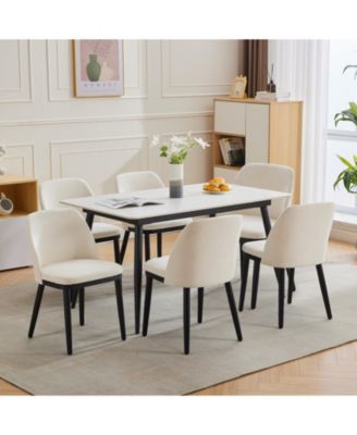 Modern Linen Upholstered Dining Chair Set, Curved Back Kitchen Chairs with Solid Wood Legs