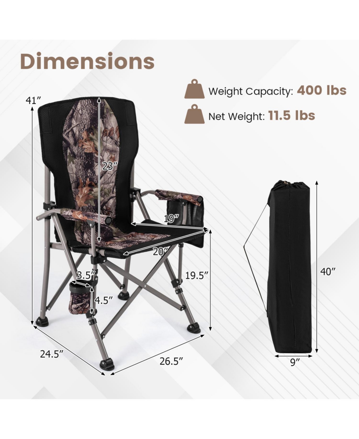 Mecale Heavy-Duty Folding Camping Chair with Storage Covers, 400-lb Cap, 41-in Tall