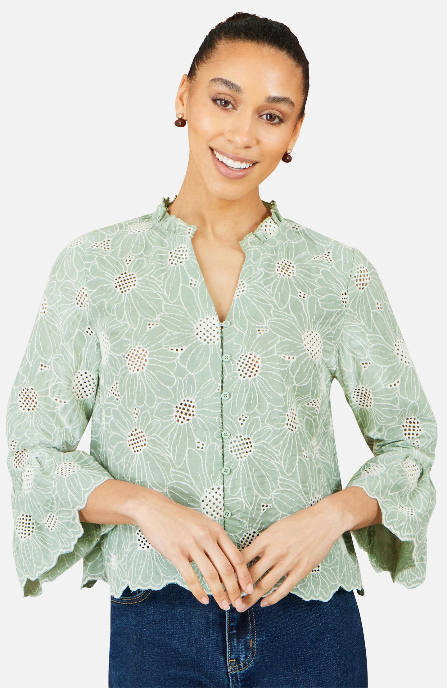 Женская рубашка Yumi 100% Cotton 3/4 Sleeve, цвет: Зелёный — фото 6
