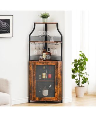 Corner Wine Cabinet with Detachable Wine Rack, 5-Tier Industrial Corner Bar Cabinet with Barn Door and Glass Holder, Farmhouse Buffet Cabinet