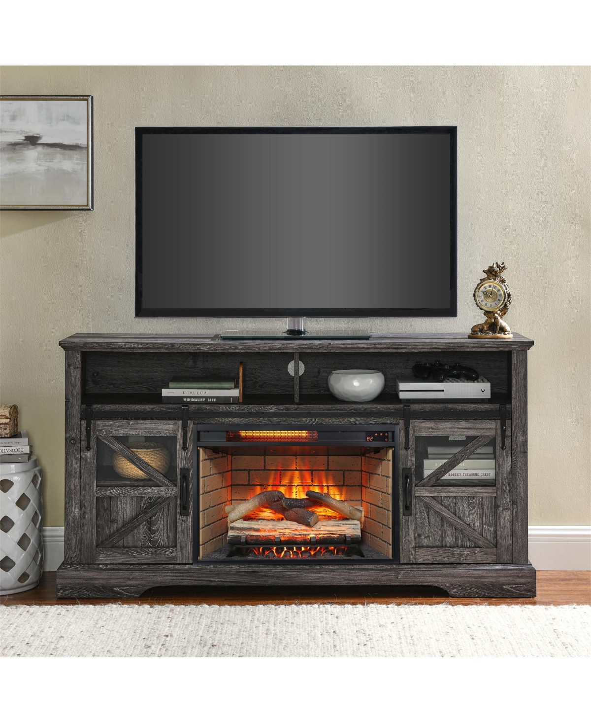 Clihome 60 Inch Tv Stand Electric Fireplace Entertainment Center with Sliding Door - Black