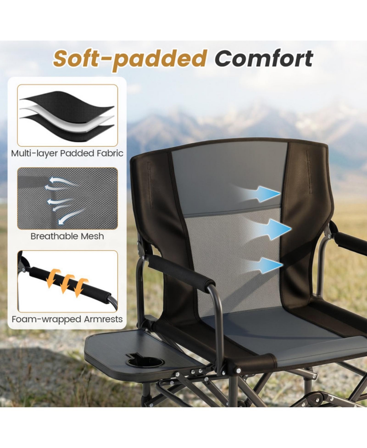 Sugift Folding Camping Chair with Flip-Up Side Table Cup Holder and Carrying Bag
