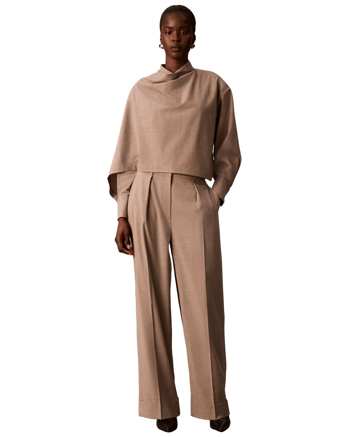 Женские брюки Calvin Klein High-Rise Wide-Leg Pleated, цвет: Железный меланжевый, вариант 1 — фото 8