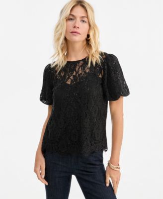 Women's Short-Sleeve Sequin Embellished Lace Blouse
