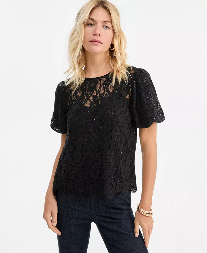 Women's Short-Sleeve Sequin Embellished Lace Blouse