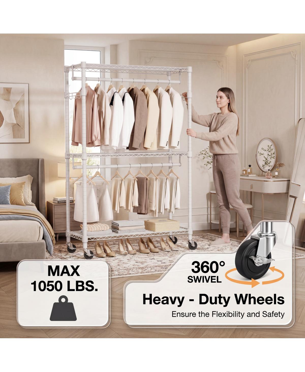 Streamdale Furniture Heavy Duty 3-Tier Adjustable Rolling Garment Rack with 2 Rods and Hooks