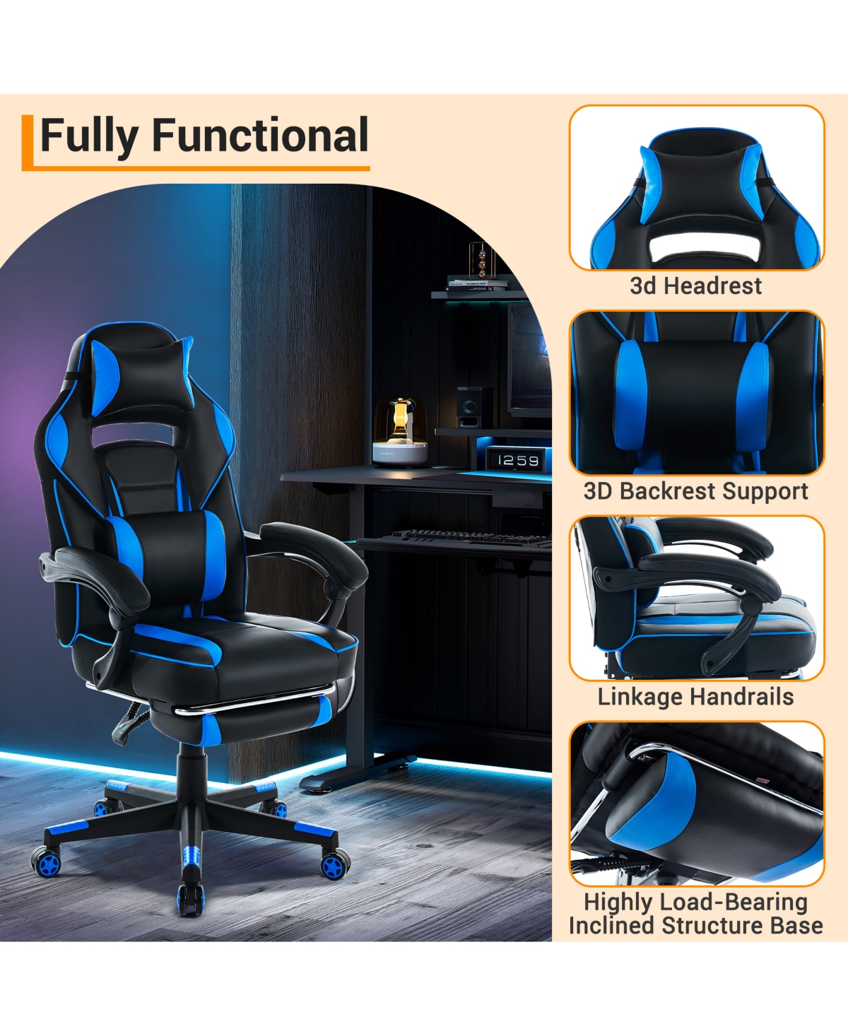 homfan 25.6D x 26.8W x 46.3H in Pu Leather Gaming Chair High Back Ergonomic, Racing Style Computer Desk Chair for Home Office Bedroom