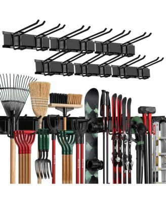 Wall-mounted tool storage racks and hooks