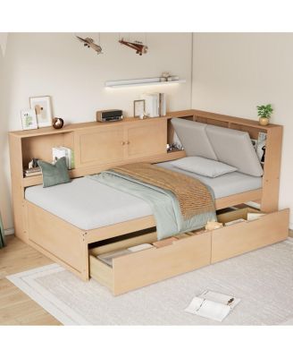 Wooden L-Shaped Twin Daybed with Storage Bookcase and USB Ports