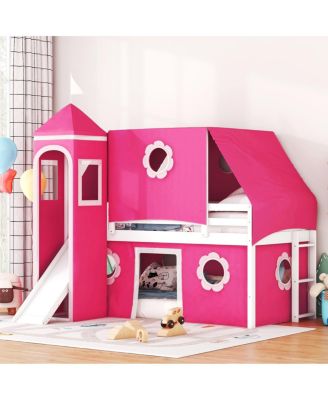 Loft Bed with Slide Pink Tent and Tower