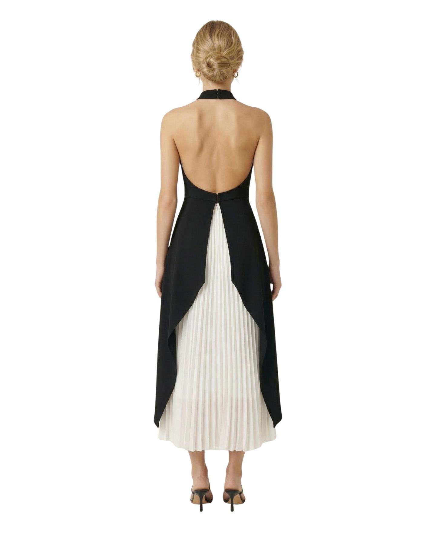 Женское платье Modenaire Halter-Neck Asymmetric Layered Pleated Midi, цвет: Чёрный / Белый — фото 2