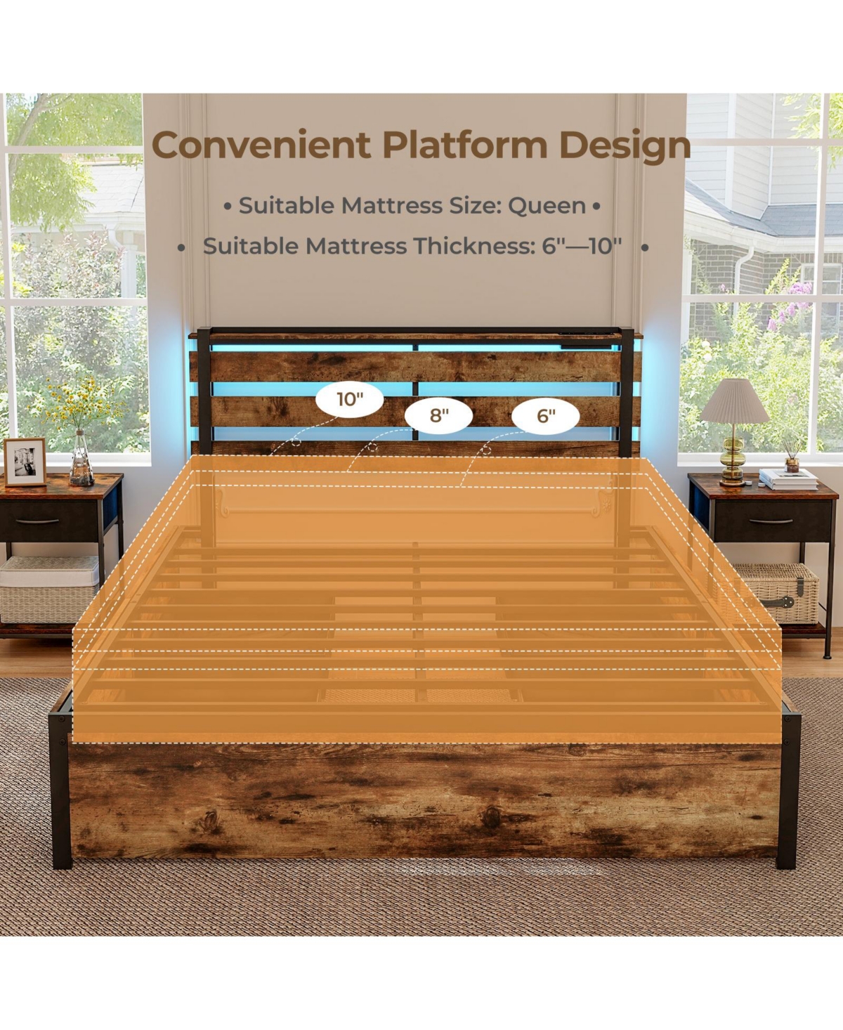 Gouun Bed Frame with Drawers Led Lights and Usb Ports