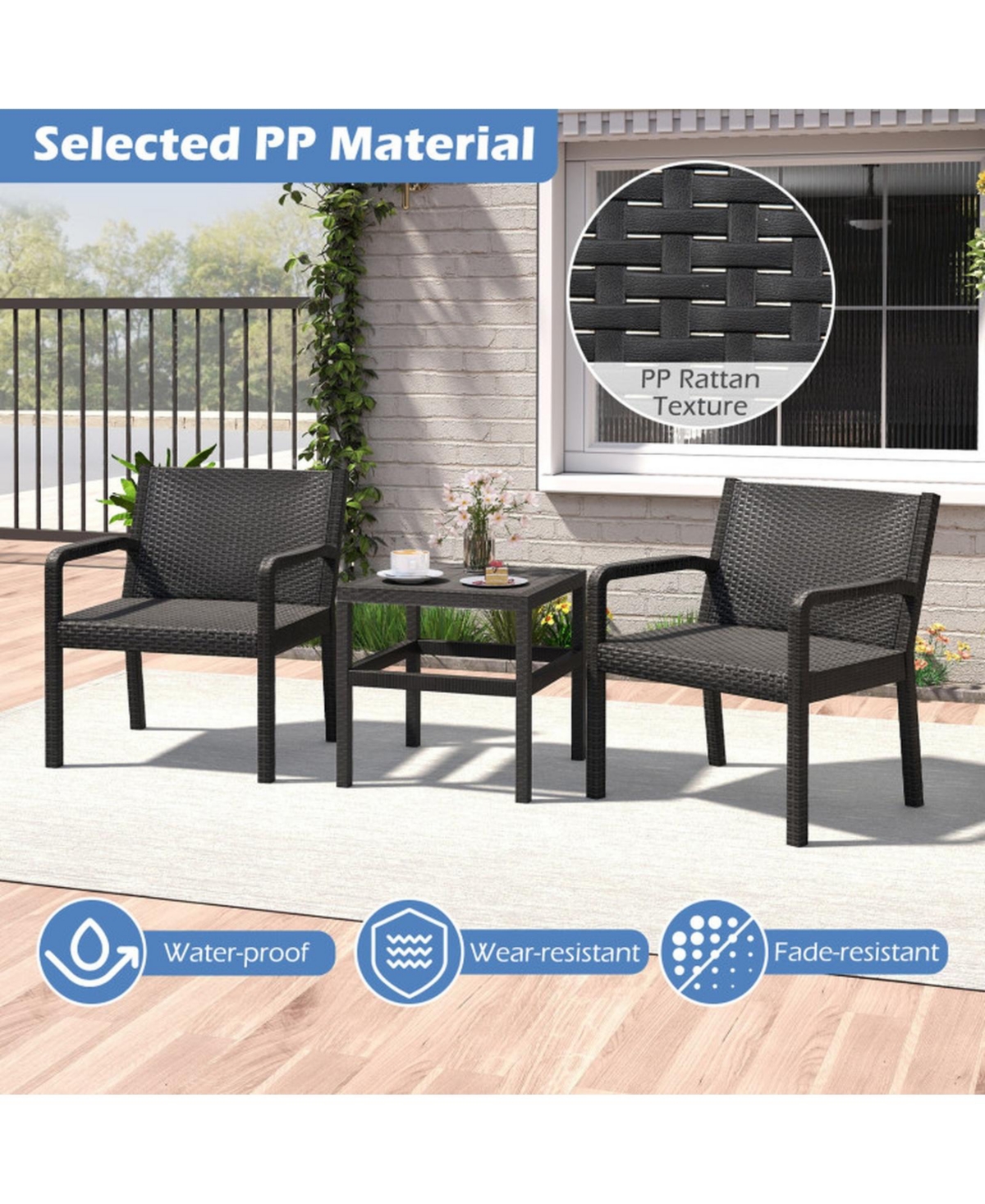 Gouun Modern Pp Rattan Armchair and Side Table Patio Set