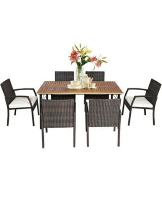 7-Piece Patio Rattan Cushioned Dining Set with Acacia Wood Table and Umbrella Hole