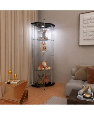 Pentagon Glass Display Cabinet with 4 Shelves and LED Lights