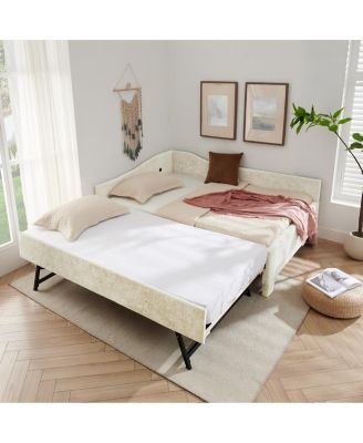  Full Size Curved Padded Daybed with Trundle Nailhead Trim and USB Port