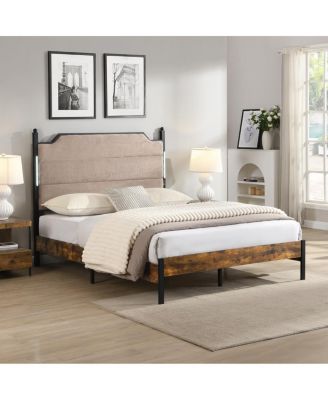  Upholstered Queen Bed Frame with LED Lights Charging Station and Storage