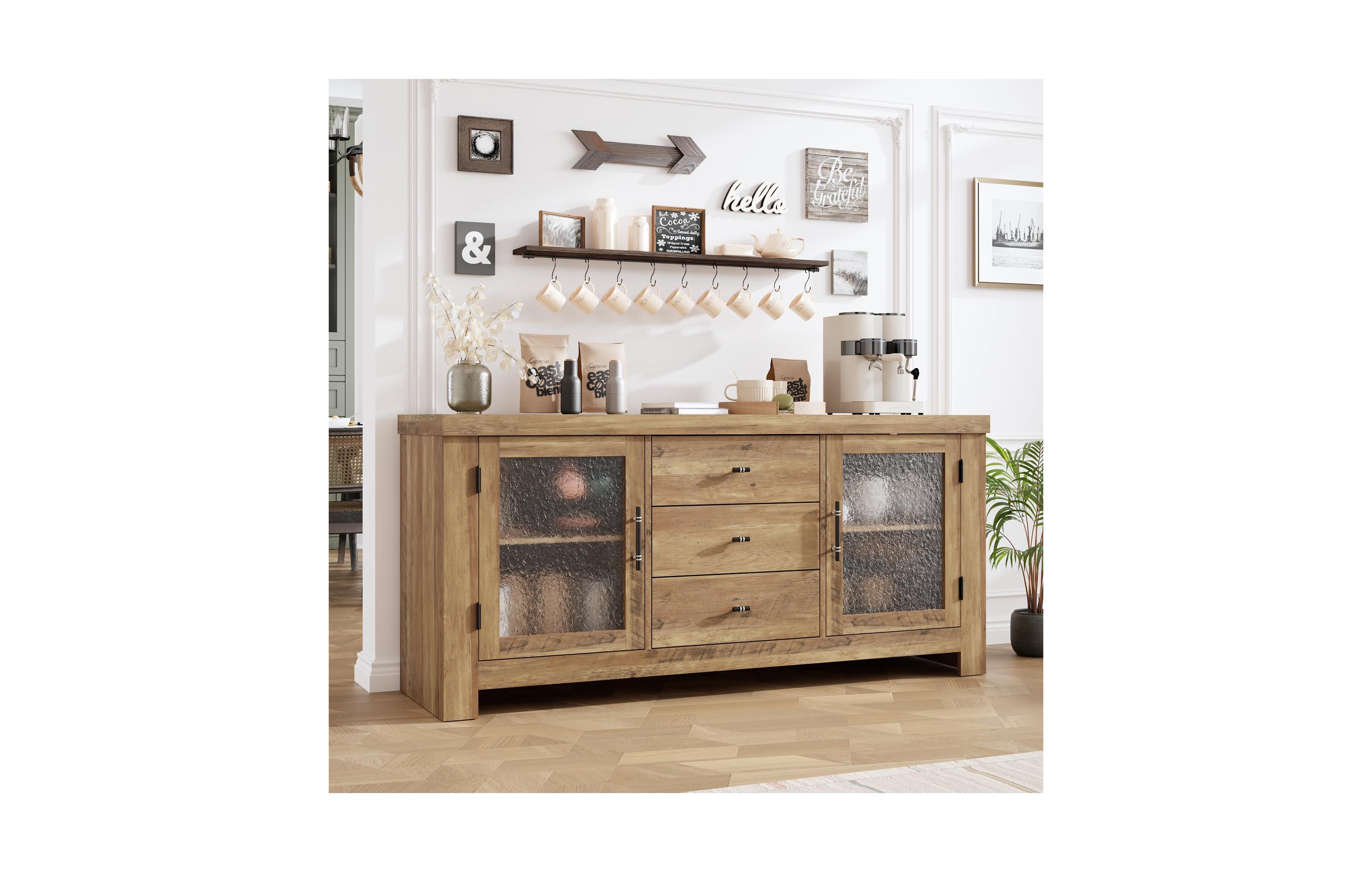 homfan Buffet Sideboard with Glass Doors and Drawers Accent Storage Cabinet Coffee Bar for Living Room Kitchen Dining