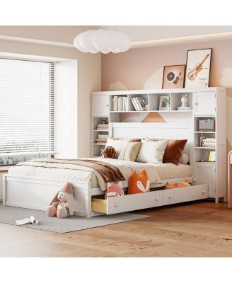  Queen Size Wooden Bed With All-in-One Cabinet Shelf and Sockets