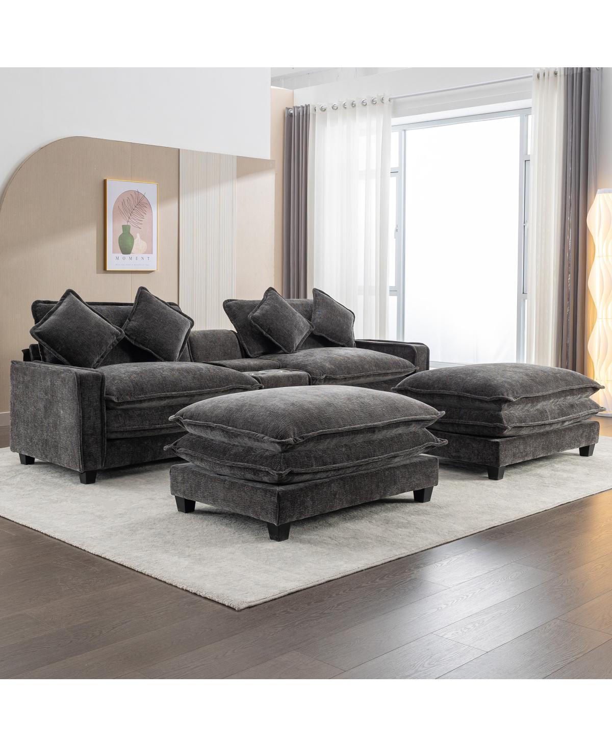 Streamdale Furniture 111'' Chenille Sectional Sofa with Storage Ottomans Usb Ports and Cup Holders