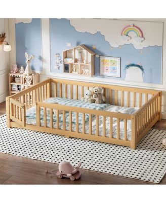  Full Size Bed Floor Bed with Safety Guardrails and Door for Kids
