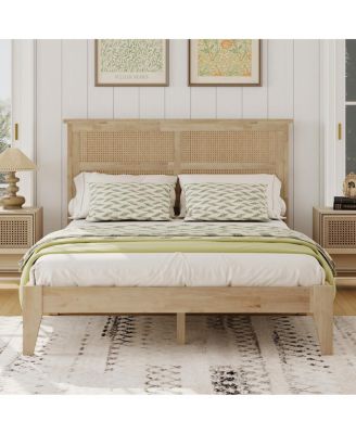Solid Wood Full Bed with Rattan Headboard and Central Support