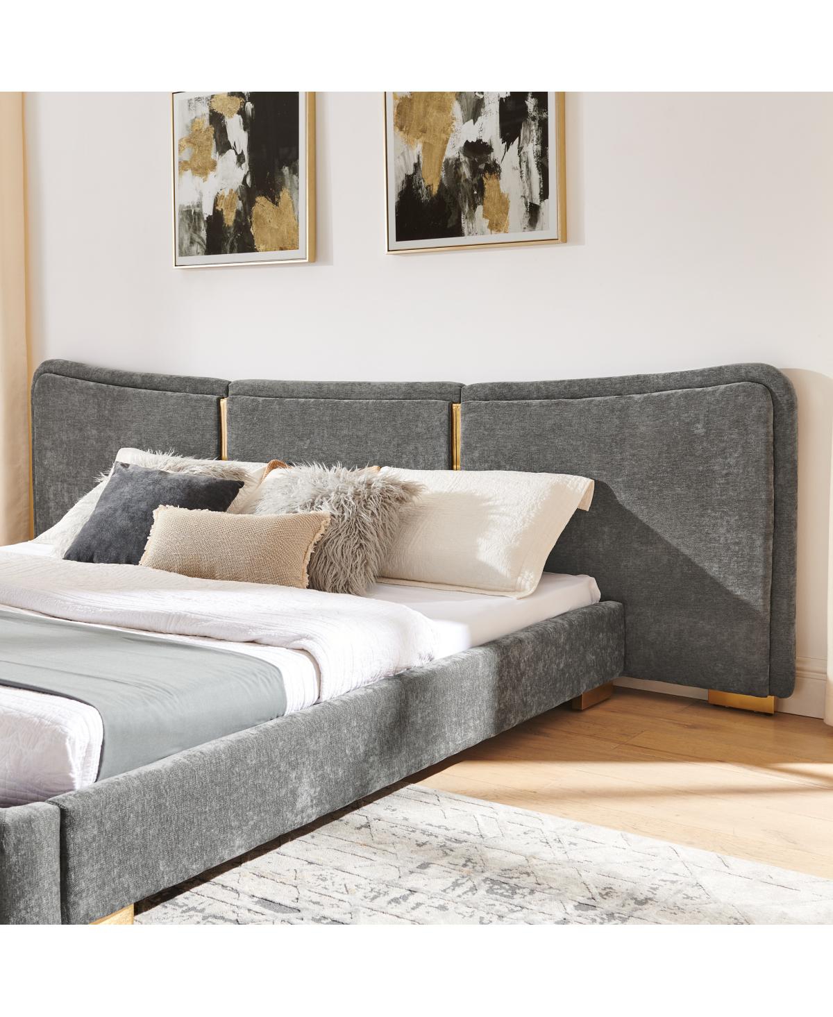 Streamdale Furniture Queen Size Extra Large Chenille Platform Bed with Curved Headboard