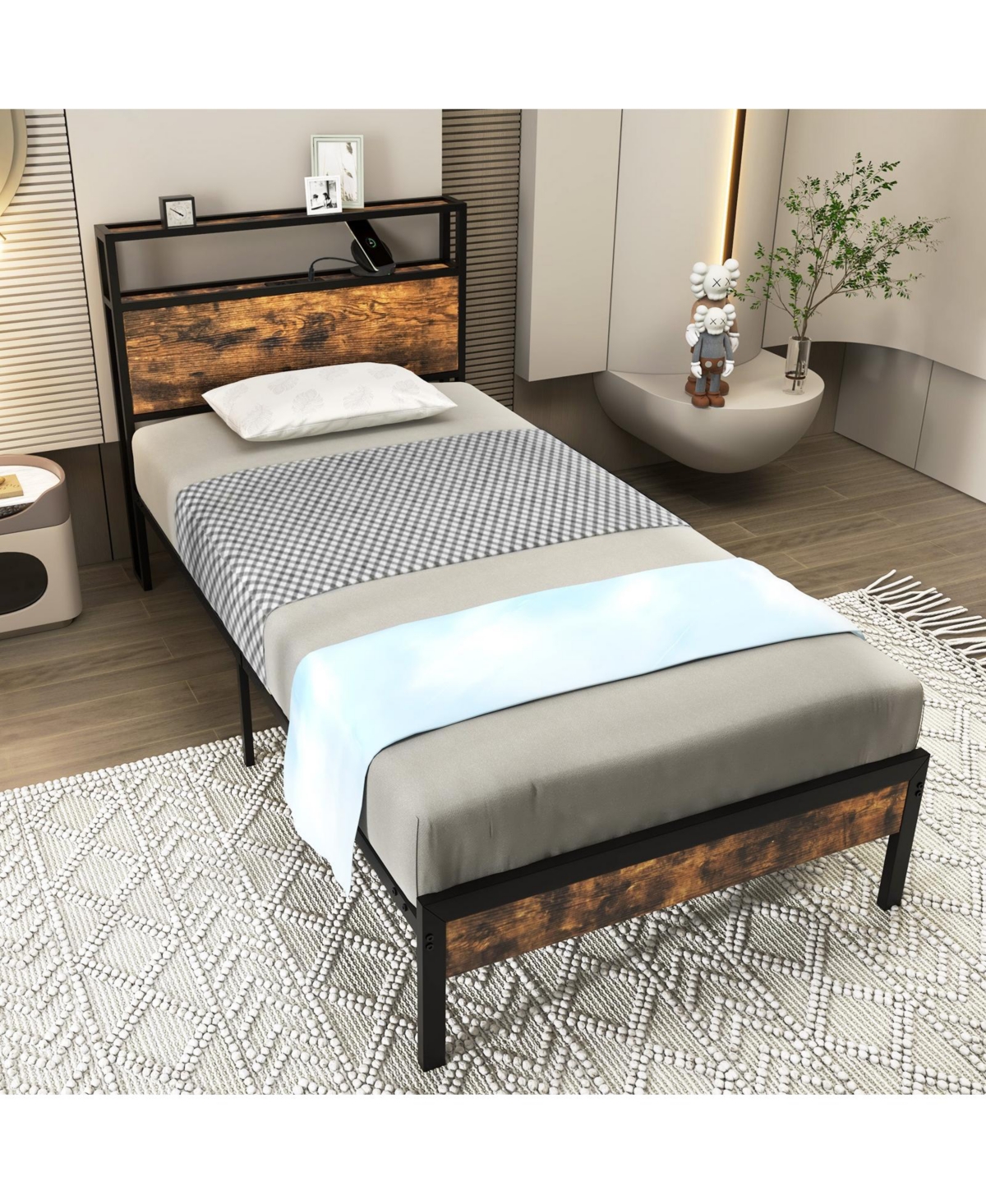 Gouun Bed Frame with Storage Headboard and Charging Station