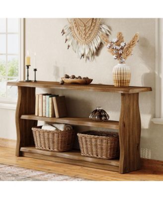 63" Solid Wood Console Table, Farmhouse Entryway Table with 2-Tier Storage Shelf, Rusti Sofa Table