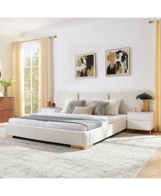  Queen Size Extra Large Chenille Platform Bed with Curved Headboard
