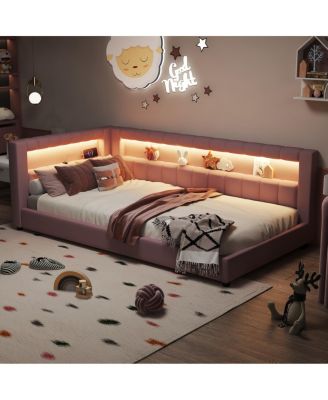  Upholstered Twin XL Size Platform Bed with USB Ports and LED Belt