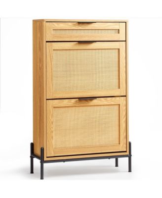 Narrow Rattan Shoe Cabinet with Flip Drawers, Slide Drawer, and Metal Frame