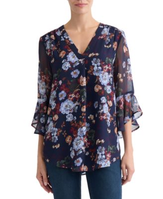 Women's V-Neck Printed-Flutter-Sleeve Top