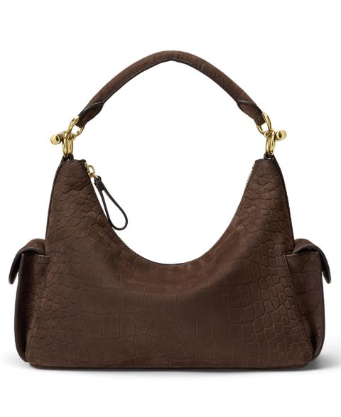 Женская сумка Lauren Ralph Lauren Blaike Suede Croc-Embossed Small Shoulder, цвет: Каштановый коричневый
