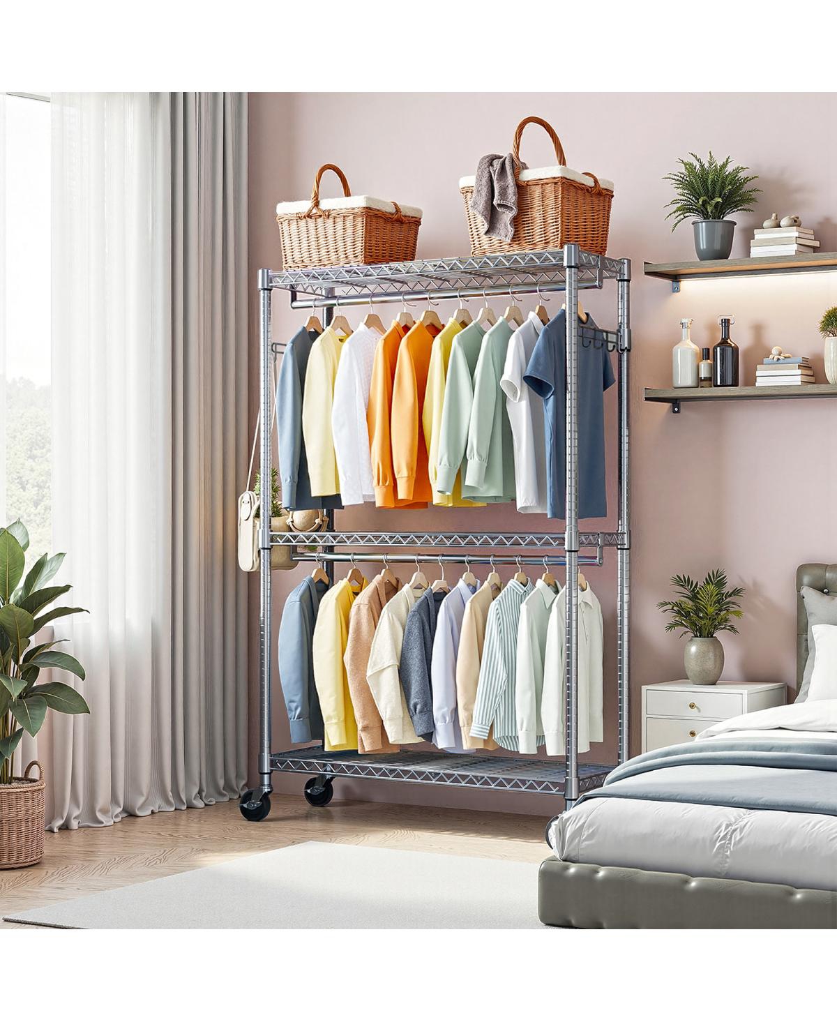 Streamdale Furniture Heavy Duty 3-Tier Rolling Garment Rack with 2 Rods and Side Hooks