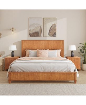 Solid Wood King Platform Bed Frame with Tall Headboard No Box Spring Needed