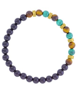 Men's 18k Yellow Gold-Plated Onyx Tiger Eye Malachite Stretch Bracelet