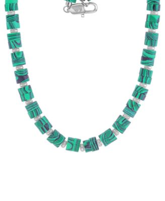 Men's Platinum-Plated Steel Malachite Polished Plate Beads Necklace
