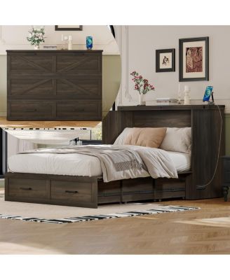 Farmhouse Murphy Cabinet Bed with Charging Station and Storage Rustic